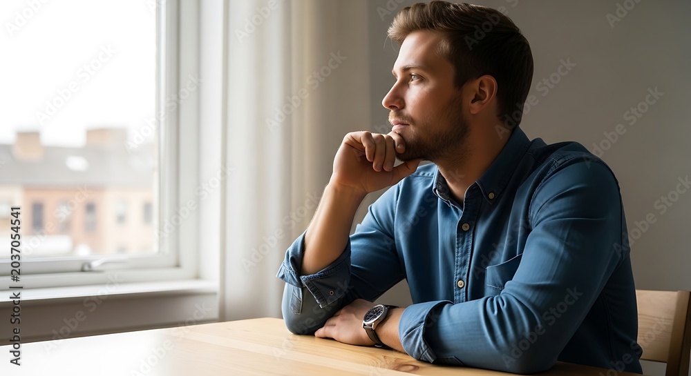 Fototapeta premium Man sitting by window looking thoughtful.