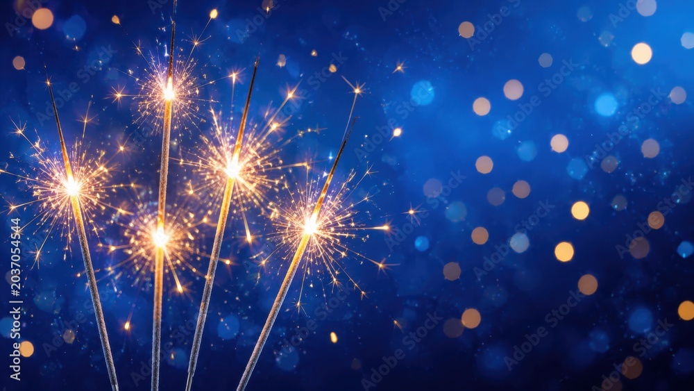 Obraz premium Handheld sparklers burning against blue bokeh background at night