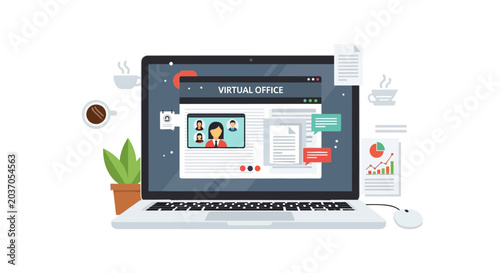 Virtual office concept illustration laptop with conference call interface