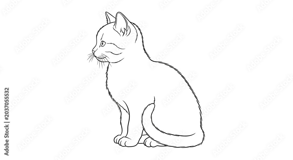 Fototapeta premium Line Art Kitten Sitting Profile View Isolated White Background