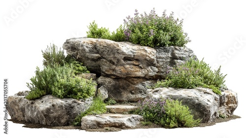 Natural Rock Formation with Green Shrubs and Plants Isolated on White Background