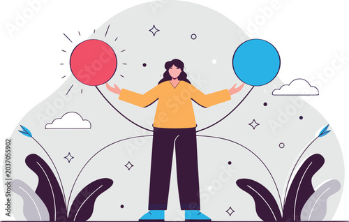 Foto Woman balances red and blue spheres with yin yang mental health self care balanc