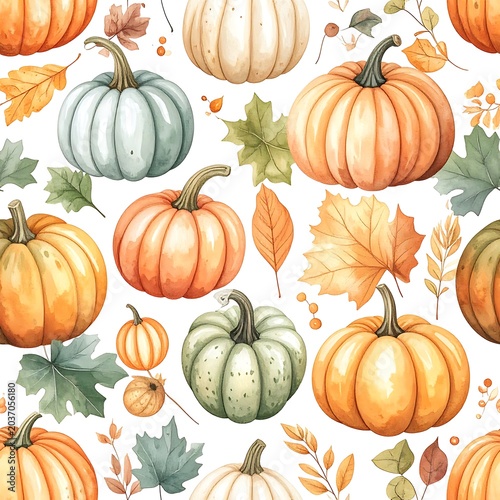 Watercolor pumpkins and fall leaves pattern.