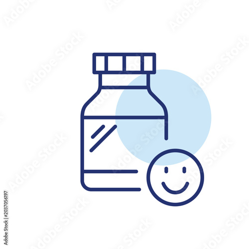 Bottle of pills and smiley face. Refill medication, prescription and pharmacy positive feedback. Pixel perfect, editable stroke vector icon