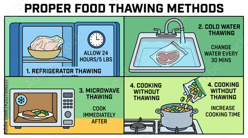 Fényképezés Illustrated Steps of Proper Food Thawing Methods for Home Cooking