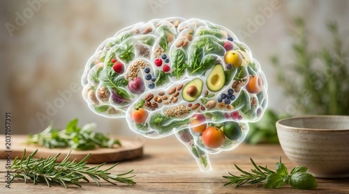 Nourishing your mind brain health through plant-based foods kitchen infographic cozy atmosphere creative concept