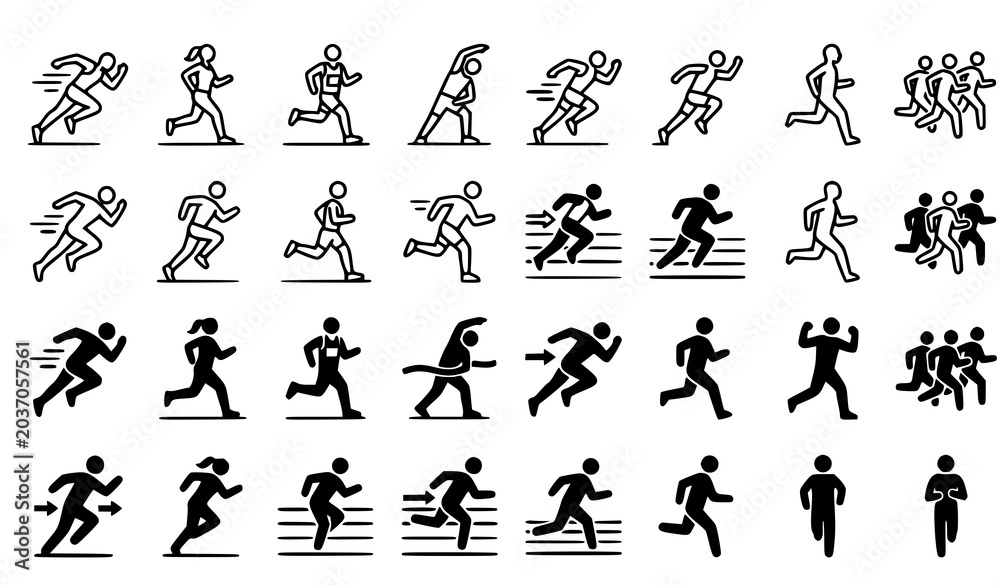 Naklejka premium Running Icons Vector Set in Stroke Line and Black Solid Style for Fitness and Sports Design