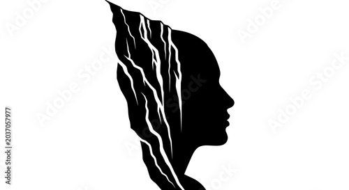 Bild auf Leinwand Abstract Silhouette of Woman's Head with Mountain Peak Hair
