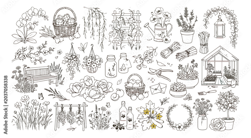 Obraz premium Vintage garden line art collection, hand drawn botanical elements and gardening tools vector set, rustic floral illustrations for wedding stationery