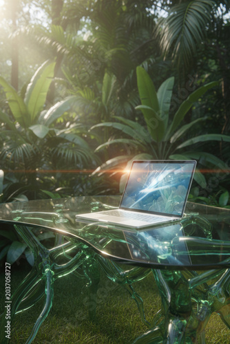 Laptop glass table green forest sunlight nature reflection modern design outdoor office futuristic lush foliage sleek laptop transparent green glass root table sunlit tropical forest