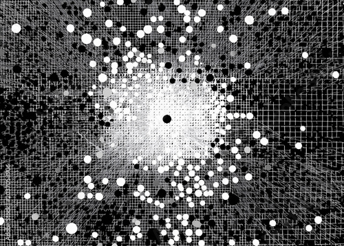 Abstract digital pattern bursts from a central point. White dots radiate against a grid backdrop. Black and white contrast creates depth and movement. Ideal for tech, science, or futuristic designs
