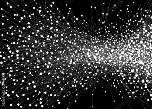 White dots glow, connected by thin lines across a dark void. Movement suggests energy spreading outward from a central core. Networks form, resembling data, neurons, or molecular structures