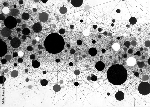 Abstract network of interconnected dots and lines. Black and white contrast creates a dynamic visual pattern. Geometric shapes form a web-like structure