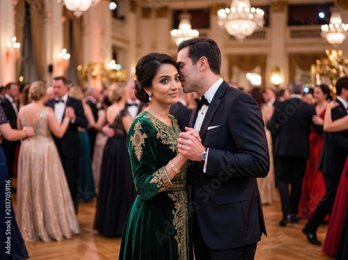 Man whispering a secret to a surprised woman in an elegant green gown while dancing at formal ballroom gala