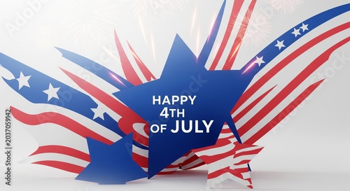 Abstract patriotic 3D render with stars and stripes in red, white, and blue, celebrating Independence Day with fireworks and light effects, clean white background, festive graphic design