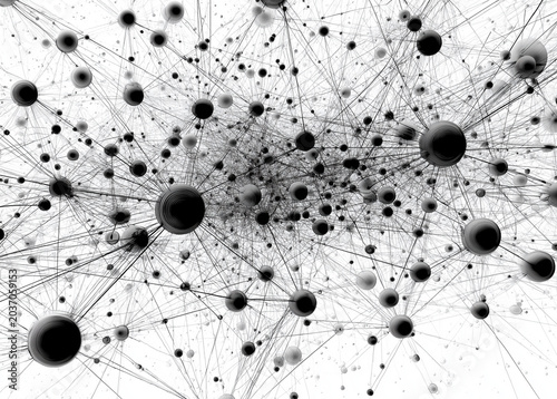 Abstract network of connected spheres. Dark orbs link through thin lines against stark white. Visual metaphor for data, connections, or neural pathways. Suitable for technology, business