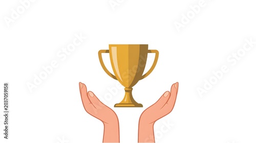 Animated Golden Trophy Cup Award with Hands for Achievement and Success