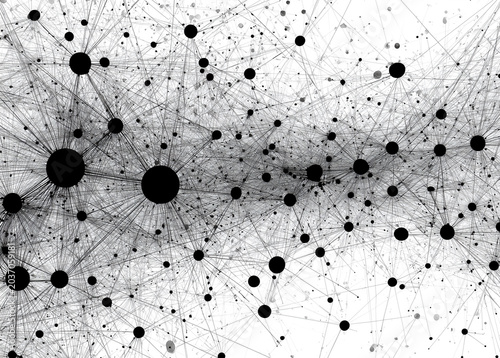 Abstract network of connected dots and lines on white background. Black circles vary in size, linked by thin gray threads. Complex structure suggests data, relationships, or systems