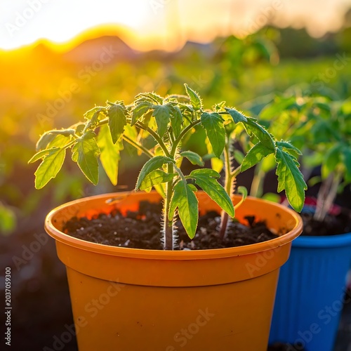 Young tomato plant in pot outdoors.