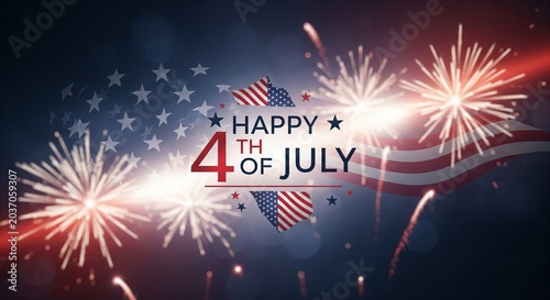 Happy Fourth of July celebration with fireworks and American flag elements, festive holiday graphic design with patriotic colors and bokeh background, Independence Day concept