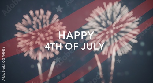 Happy 4th of July text overlay with blurred fireworks and American flag stripes in dark blue background, festive celebration concept, patriotic holiday graphic
