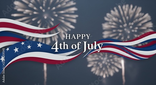Happy 4th of July greeting with American flag elements and fireworks display in a dark blue night sky, patriotic celebration graphic design