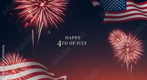 Vibrant red fireworks explode in a dark night sky with a waving American flag and the text Happy 4th of July, celebrating Independence Day with patriotic spirit and festive illumination.