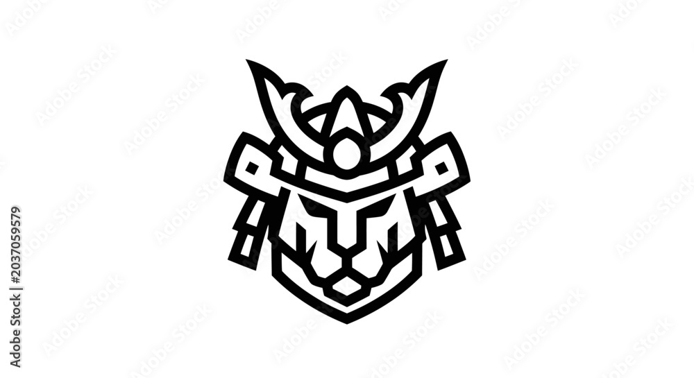 Fototapeta premium Black outline illustration of a stylized, fierce lion head with armor elements