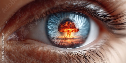 Close-up of a human eye reflecting a powerful nuclear explosion in its iris
