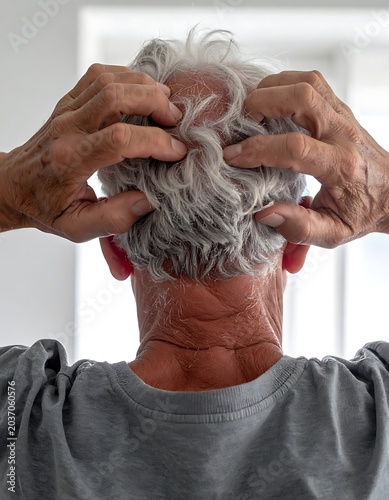 Senior man styling short gray hair.