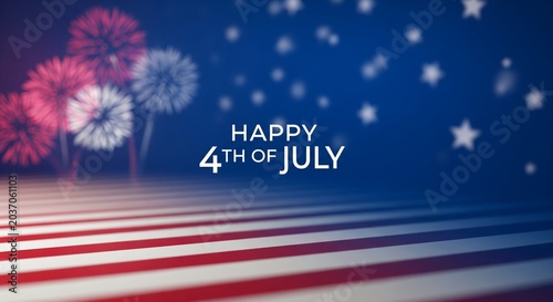 Happy 4th of July greeting with red white and blue fireworks and stars on a blurred American flag background with patriotic stripes in foreground perspective