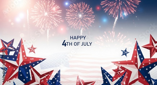 Happy 4th of July patriotic background with red white and blue stars and fireworks exploding in the night sky celebrating American Independence Day with a subtle US flag motif