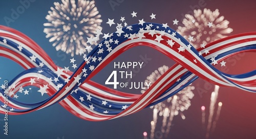 Abstract patriotic 3D render of flowing American flag ribbons and stars with blurred fireworks in background, celebrating Independence Day holiday