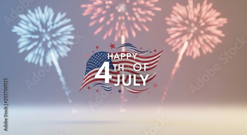 Happy 4th of July greeting with American flag and fireworks celebration in patriotic red white and blue colors, festive holiday background with bokeh lights and copy space for text.