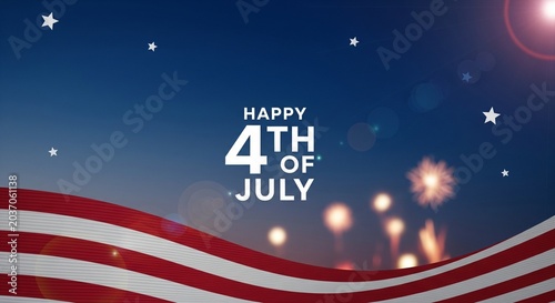 Happy 4th of July greeting with American flag stripes and fireworks in a dark blue night sky with stars and lens flares, patriotic celebration background design