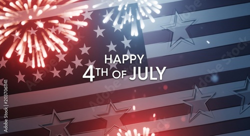 Happy 4th of July text overlay on American flag background with red and white fireworks exploding in a celebratory patriotic display of national pride and freedom.