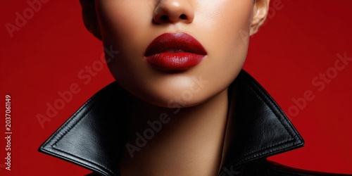 Close-up of woman's lips with bold red lipstick and black leather collar