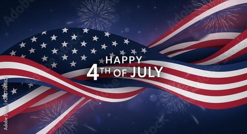 Abstract Waving American Flag with Fireworks and Text Happy 4th of July on Dark Blue Background with Bokeh Lights and Stars