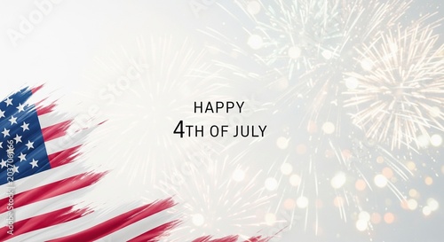 American flag brush strokes and fireworks celebration graphic with text Happy 4th of July, patriotic holiday background design