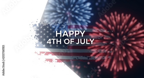 Happy 4th of July text overlay on distressed American flag with blurred red and blue fireworks exploding in dark night sky, patriotic celebration graphic design