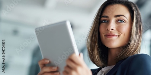 Confident female real estate agent smiling while holding a tablet in a modern office setting