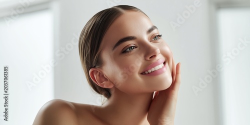 Close-up of a beautiful woman with radiant skin touching her face with a gentle smile