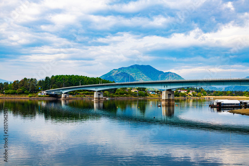 Kawaguchiko Ohashi Bridge over Lake Kawaguchi, voted one of Japan's Top 100 Roads in 1987 due to its picturesque location.