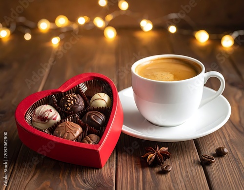 Coffee and chocolates on wooden table.
