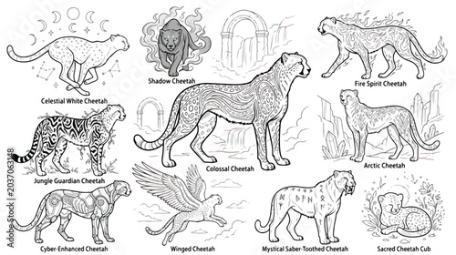 Canvas Print Mystical cheetah fantasy creatures collection, set of 10 celestial and elemental