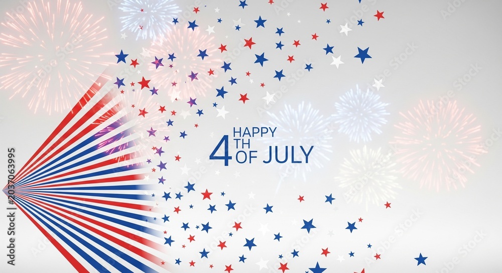 Obraz premium Happy 4th of July greeting with American flag inspired stripes, scattered stars, and festive fireworks exploding in a bright, celebratory display against a clean, light background.