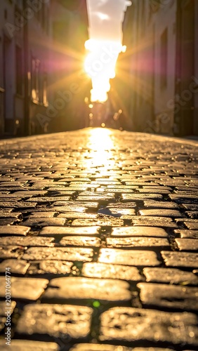 Sunlit cobblestone street in old town.