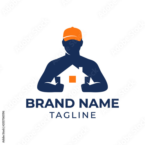 Simplistic logo design of a person with an orange cap holding a house