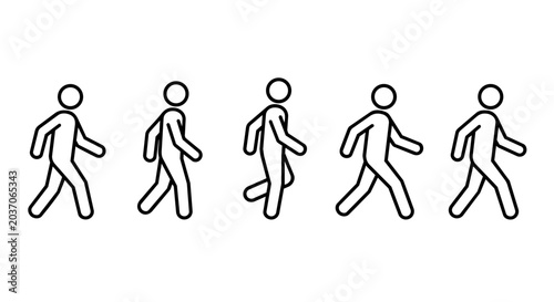 Stick figure walking cycle line art vector icon set. People walking animation frames, human motion, and step by step movement concept.