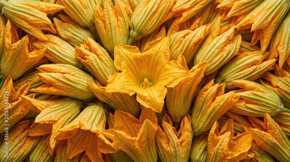 Obraz premium A vibrant close-up view of a large pile of freshly harvested bright orange zucchini blossoms with green striped stems